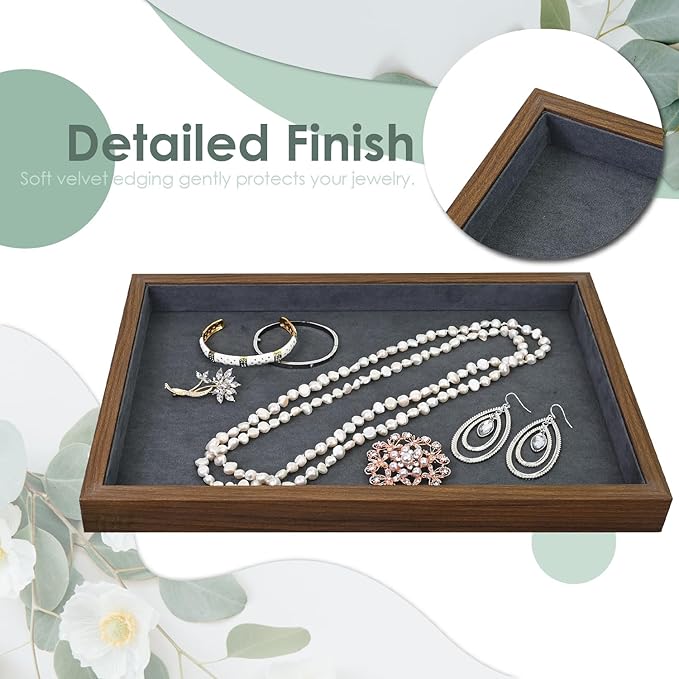 MOOCA 2 Pcs Wooden Jewelry Display Tray, Presentation Tray, Organizer for Rings, Necklaces, Earrings, and Accessories, Walnut Color with Grey Suede, 14" W x 9.6" D x 1.2" H