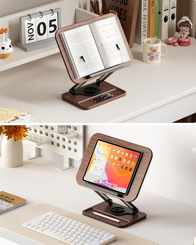 Viozon Book Stand for Reading, Book Holder 360° Rotating Base with Pen Slot, Foldable Reading Display Stand with Elastic Page Clips for Cookbook, Recipe, Textbook, Tablet, Laptop.