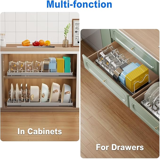 Pots and Pans Organizer Under Cabinet, 22" Expandable Food Storage Container Lid Organizers with 9 Adjustable Dividers Pot and Pan Lid Holders Rack Inside Cabinet/Countertop(1 Pack, Gray)