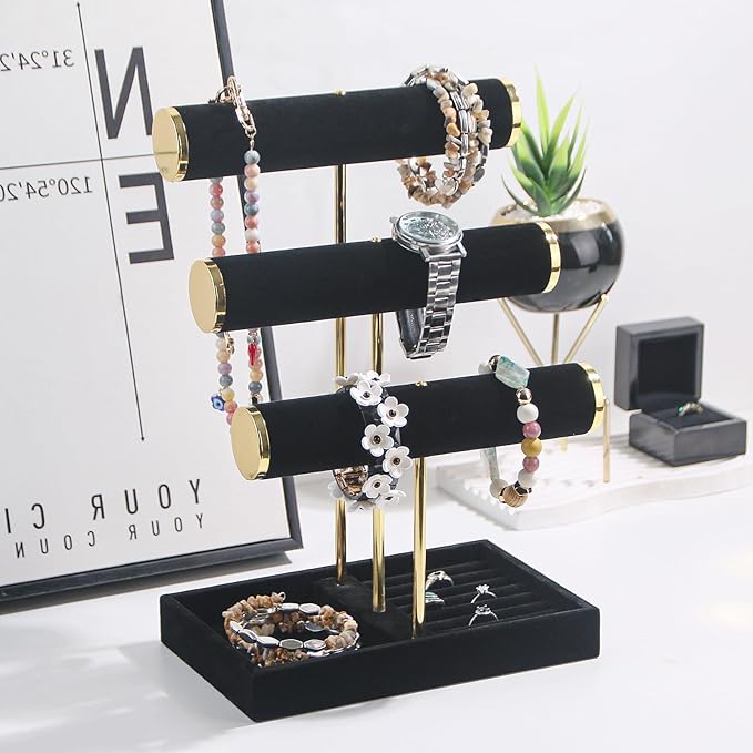 Bracelet Holder, 3 Tier Bracelet Display Holder, Detachable Velvet Jewelry Holder Organizer for Necklace, Watches, Bangle, Scrunchie (Black，3 Tier)