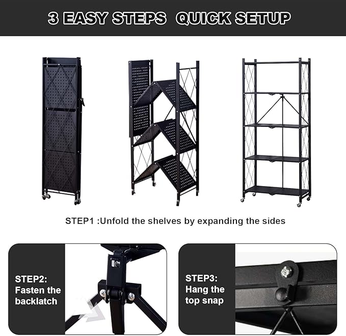 GlowSol 5 Tiers Folding Storage Shelves with Wheels-62.6" No Assembly Rolling Collapsible Shelves, Utility Metal Shelving Rack for Pantry,Kitchen and Garage,300kg Capacity
