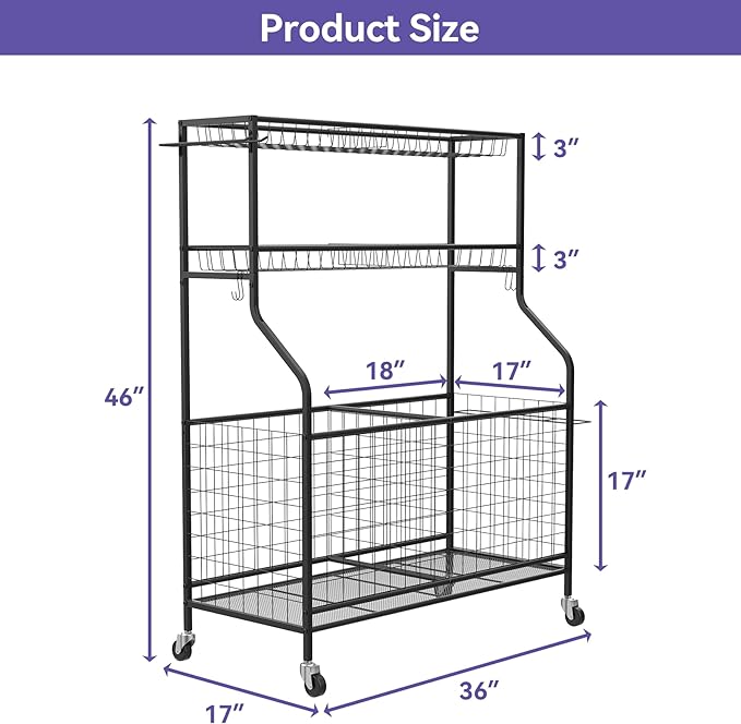 WALMANN Garage Ball and Sports Equipment Organizer, Ball Storage Rack Indoor/Outdoor Kids Ball/Toy Storage Organizer Bins, Rolling Ball Cart with Baskets