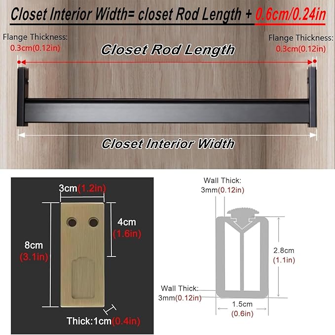 Square Closet Rods-Cuttable, Removable-Heavy Duty Black Wardrobe Rods and Brackets-Commercial, 12 16 18 24 28 30 60 72 In-Suitable for.Laundry.Home.Hotel.Clothing Store (Silver,24in)