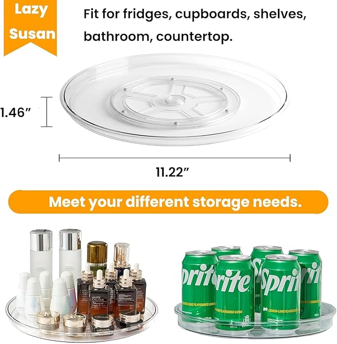 vacane Clear Lazy Susan Organizer, Non-Skid Plastic 11" Lazy Susan Turntable for Cabinet Rotating Pantry Lazy Susan Cabinet Organizer, Storage Containers for Kitchen, Refrigerator Countertop