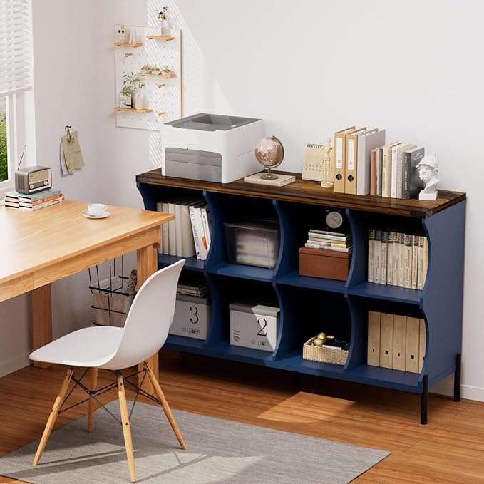 8 Cube Storage Shelf Organizer, Low Book Shelf Bookcase Entryway Table, Wood Closet Storage Display Cabinet TV Stand for Living Room, Office,Bedroom, Dorm, Blue with Natural Top