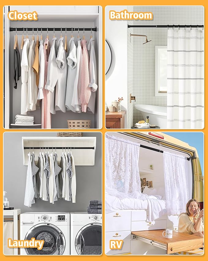 Closet Rod, 17 to 64 Inch Heavy Duty Adjustable Metal Clothing Rack for Hanging Clothes, Closet Poles for Wardrobes, Laundry, Durable Steel, Black