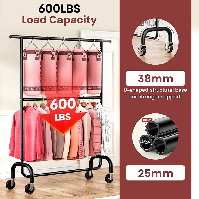 Heavy Duty Clothes Rack Load 600 LBS, Rolling Clothing Rack for Hanging Clothes with Lockable Wheels, Double Rod Garment Rack for Bedroom, Laundry, Living Room, Black