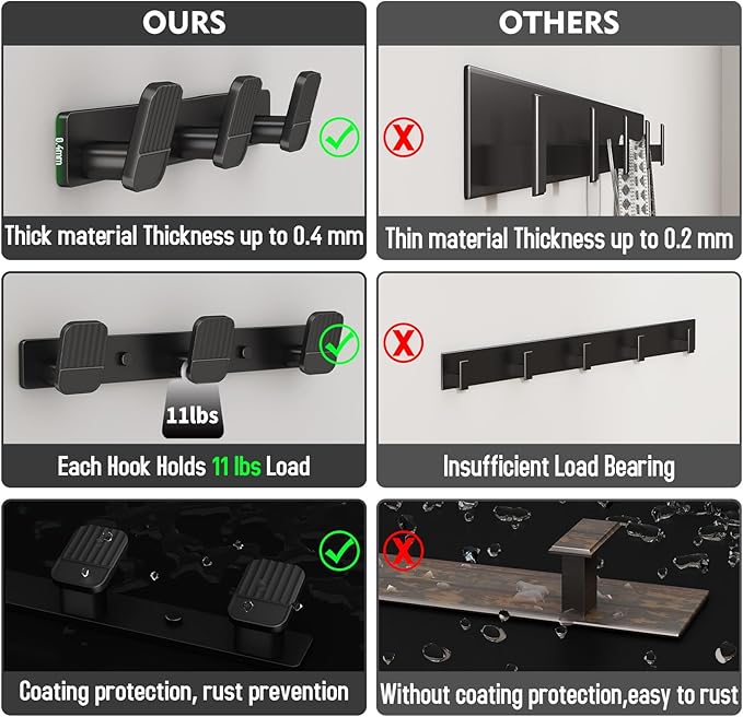 Coat Rack Wall Mount Coat Hooks - Black Hook Rack with 3 Hooks Aluminum Wall Rack Hooks for Hanging Coat Hat Bag Towel Hanger Rustproof Coat Holder