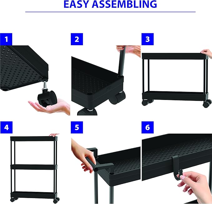 Simple Houseware 3-Tier Slim/Narrow Storage Cart with Handle, 5.5'' Wide x 26.5'' Height Rolling Organizer for Kitchen, Bathroom, Laundry Room - Black