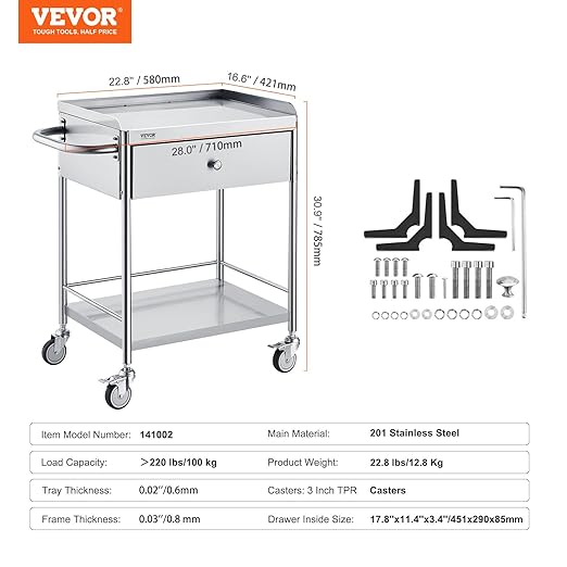 VEVOR Stainless Steel Utility Cart with Wheels - Medical/Dental Lab Cart - 2 Shelves/1 Drawer