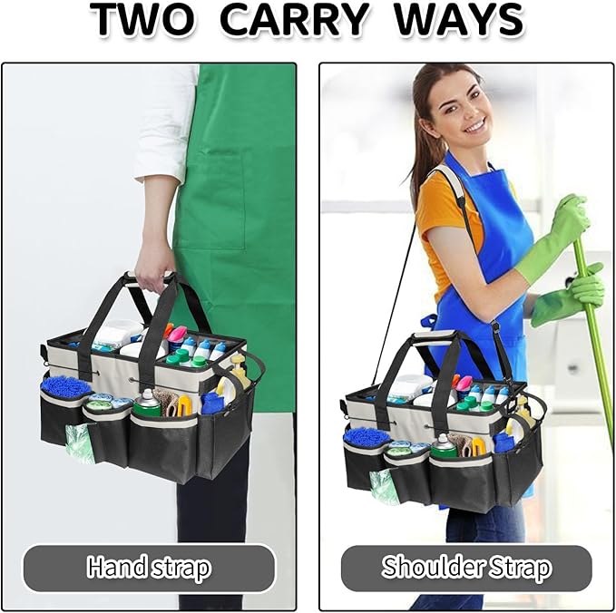 Boczif Cleaning Caddy Bag Wearable, Cleaning Caddy Supplies Organizer with Handle, Shoulder Straps & Detachable Divide, Cleaning Tool Organizers Tote Bag for Cleaners & Housekeepers (White)