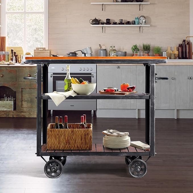 Vintage Rolling Bar Cart on Wheels Industrial Mobile Serving Cart Metal and Wood Design for Kitchen Bar Office Coffee House 36.2" Lx15.75 Wx30.5 H 3 Tier with 2 Side Handle