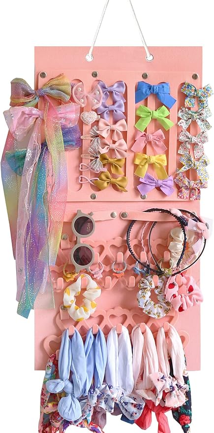 Hanging Jewelry Organizer for Girls Storage Holder Display Board Felt Wall with Detachable hooks Headband Holder Hair Clips Hair Ties Earrings Necklace Hair Clips Home Decor Pink