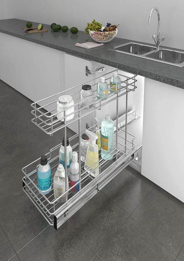 Under Sink Organizer 9"W X18.5"D，Pull Out Cabinet Organizer 2 Tier，Under Sink Slide Out Organizer Chrome Plated, Under Kitchen Bathroom Sink Organizer, Pantry Cabinet Closet Organization Rack, 1 Pack