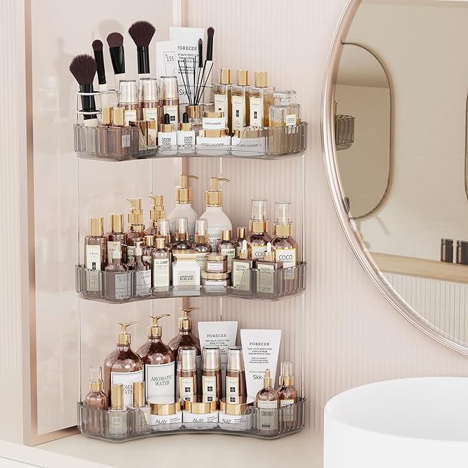 3-Tier Corner Bathroom Counter Organizer with Top Toothbrush Holders,Large Makeup Organizer Countertop with Brush Holder,Skincare Organizers Corner,Exquisite Vanity Organizer (Gray, 3 Tier)