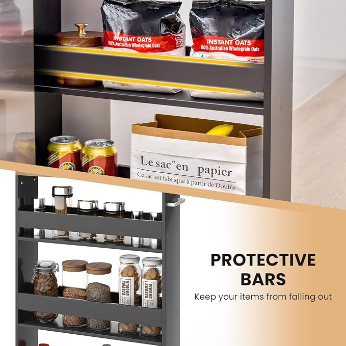 Slim Rolling Storage Cart, 4 Tier Narrow Kitchen Cart with Wheels, Between Washer and Dryer Cart, Wood Shelving Unit Organizer w/Handle for Small Spaces (Grey & Natural, 5-Inch)