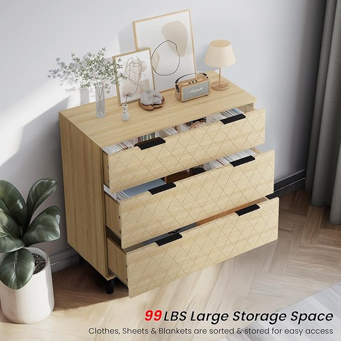 AWQM 3 Drawer Dresser for Bedroom,Large Capacity Chest of Drawers,Wood Dresser TV Stand,Drawer Organizer Storage Tower Unit for Living Room, Hallway,Natural