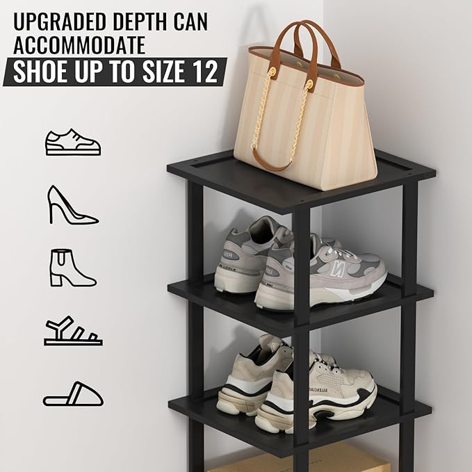 Bamboo Free Standing Shoe Rack Shelf Multi Tier Tall Wooden Stackable Shoes Rack Organizer for Closet Front Door Entrance Narrow Vertical Shoe Storage Rack for Corner Stand (Black, 7 Tiers)