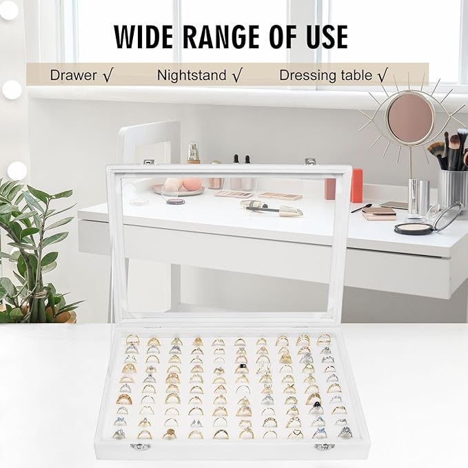 Velvet Ring Display Tray Organizer Box with Transparent Lid, 100 Slot Ring Holder Showcase For Store Display Jewelry Show Home, Ring Organizer For Rings Earrings (Ivory)