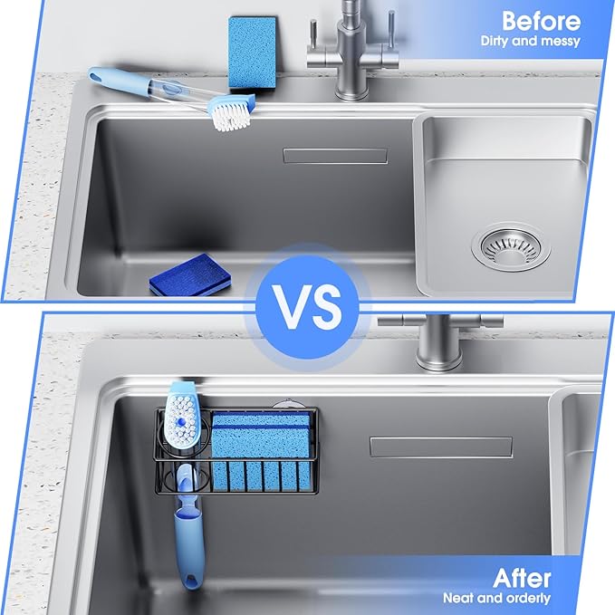 Kitchen Sink Organizer, Strong Adhesive Mount Detachable Sponge Holder for Kitchen & Bathroom Sink with Extra Suction Cups, Holds Sponges, Dish Brushes, Scrubbing Pads