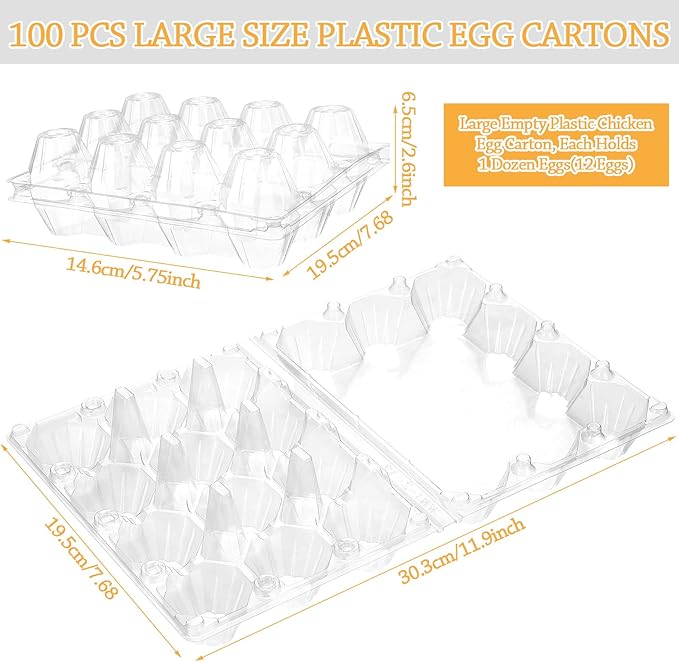 Tanlade 100 Pcs Plastic Egg Carton, 12 Grids Clear Chicken Egg Tray Disposable Plastic Holder Empty Container for Farm Refrigerator Fresh Storage(7.5 x 5.7 x 2.5 Inch)