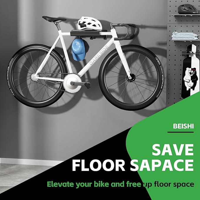 Bike Wall Mount Rack Indoor Bike Storage Garage Bike Rack Wall Mount with Shelf and Hooks Store Your Helmet and Shoes for a Single Road, Mountain or Other Bicycle (Fit Crank Bicycle)