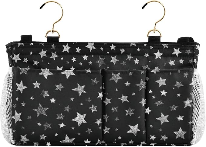 Sparkly Silver Stars Bedside Caddy for Dorm Bed Bedside Hanging Caddy Bag Iron Frame Storage Organizer Pocket for Bunk Home College Hospital Beds 2 Hooks