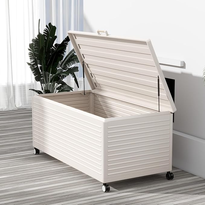 MIRADOR 281 Gallon Outdoor Storage Box Waterproof, Metal Deck Box with wheels for Patio Furniture, Garden Tools, Outdoor Cushion, Latte