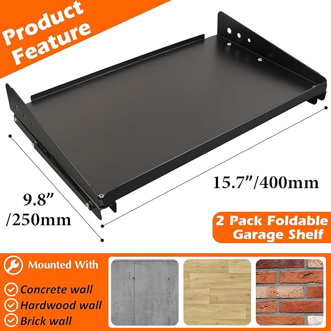 MUTUACTOR 2Pack Garage Wall Shelving,Wall-mounted Sturdy Metal Shelving for Milwaukee Packout,Heavy Duty Folding Storage Shelf Rack for Garage,Kitchen,Laundry, Holds Up to 100lbs