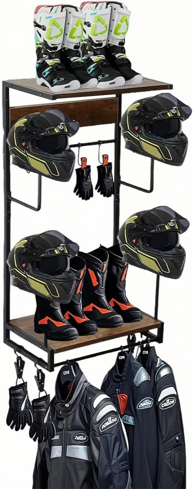 Motorcycle Helmet Rack, Wall Mount with 4 Glove Chips, 10 Hooks and Rustic Finish for Multiple Helmets and Clothes