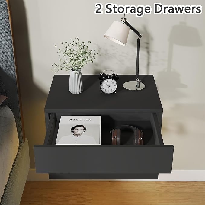 Floating Nightstand Set of 2,Modern Bedside Tables with LED Light for Bedroom,Small Night Stands with Drawers, Wall Mounted End SideTables Set for Living Room