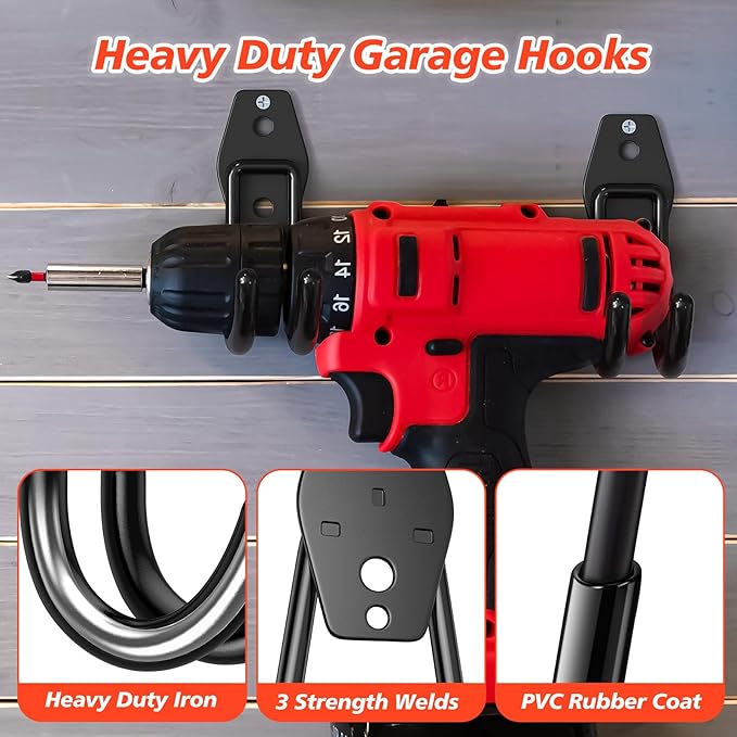 8 Pack 4.7x2.6 inch J Heavy Duty Garage Hooks,Solid Steel Wall Mount Hangers,with Anti-Slip Coating,for Hanging and Organising Ladder,Bike,Ropes,Broom,Garden,Yard and Power Tools
