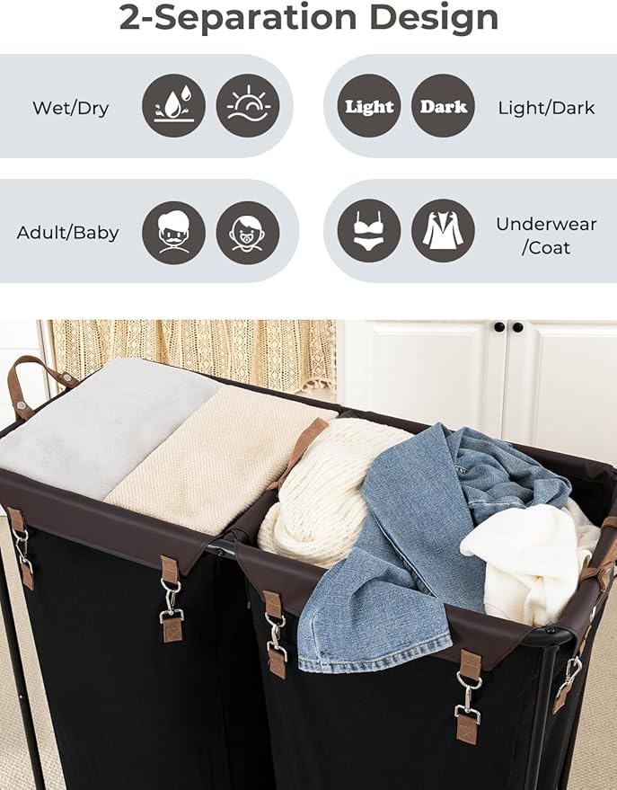 StorageWorks 390L Extra Large Lanudry Hamper with Wheels, Laundry Basket with Wheels 2 Sections, Clothes Sorter Cart with Divider for Hotel, Home, Black, 1-Pack