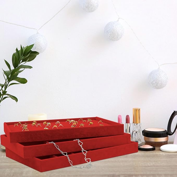 Rocutus Jewelry Trays,3 Pack Stackable Velvet Jewelry Organizer Tray Drawer Jewelry Storage Tray,Divided Ring Organizer Tray for Earrings, Necklaces, Bracelets,13.8"x9.5"x1.2" (Red)
