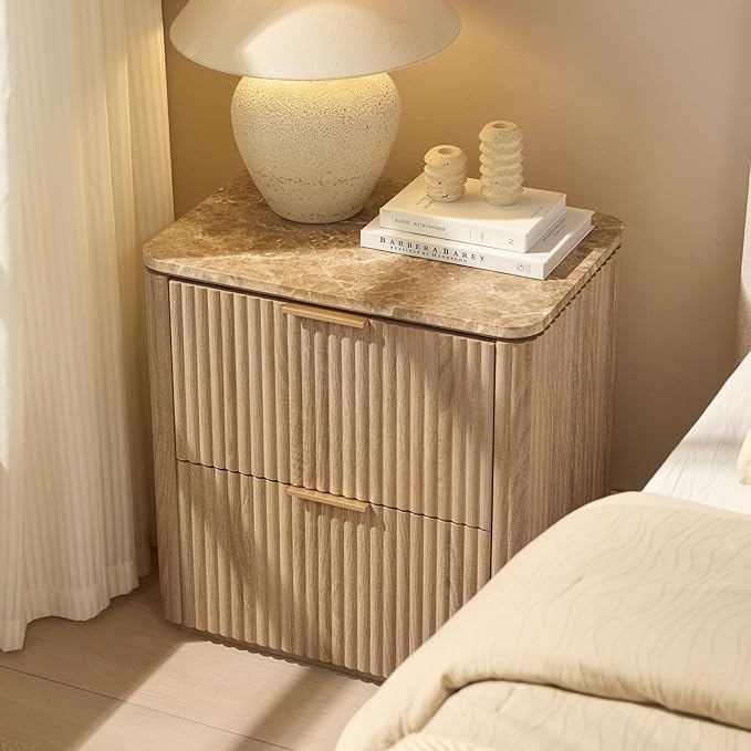 Fluted Nightstand Set of 2, Bedside Table with 2 Drawers, Engineered Wood End Table with Faux Marble-Top, Curved Corners, Metal Handle, Modern Night Stand for Bedroom, Small Spaces, Natural Oak