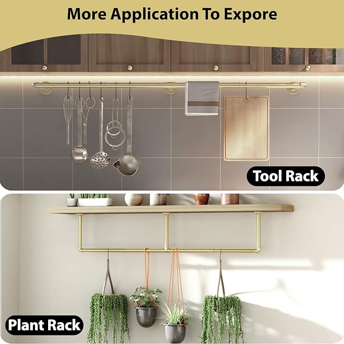 Wall Mounted Clothes Rack, 72" Industrial Pipe Clothing Rack, Heavy Duty Gold Garment Rack Bar, Multi-Function Hanging Clothes Rod for Laundry Room,Bedroom,Dressing Room,Closet Storage