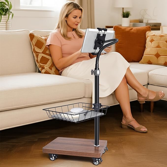 wishacc Adjustable Floor Tablet Stand with Rolling Base, Flexible Gooseneck Mount, Wood Platform, Mobile Device Holder for Indoor Use