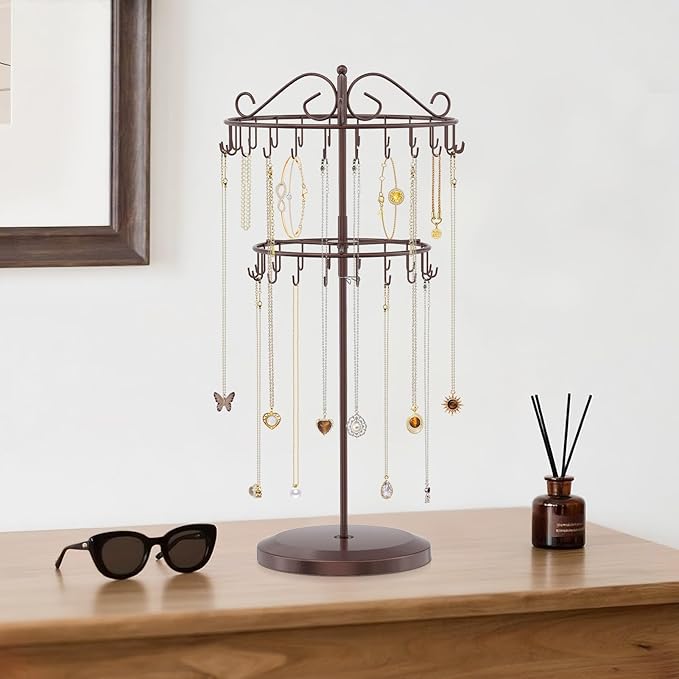 iDavosic.ly 2 Tier Rotating Necklace Holder Organizer with 42 Hooks, Adjustable Metal Bracelet Display Stand Rack, Extra Tall Keychain Spinning Tree Tower for Women, Espresso Brown