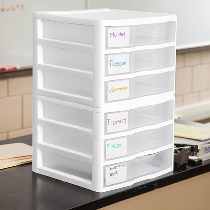 Sterilite 6-Pack Wide 3 Drawer Unit, Plastic Desktop Organizer with Clear Drawers, White Frame - Stackable Multi-Purpose Storage for Office Supplies, Craft Rooms, Classrooms and Home Organization