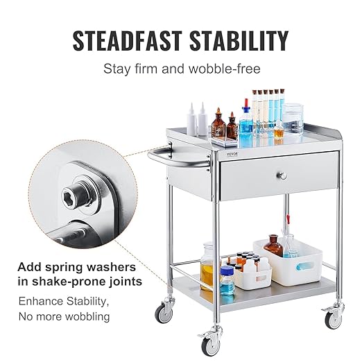 VEVOR Medical Cart, 2-Layer Stainless Steel Cart 220 lbs Weight Capacity, Lab Utility Cart with 360° Silent Wheels and a Drawer for Lab, Clinic, Kitchen, Salon