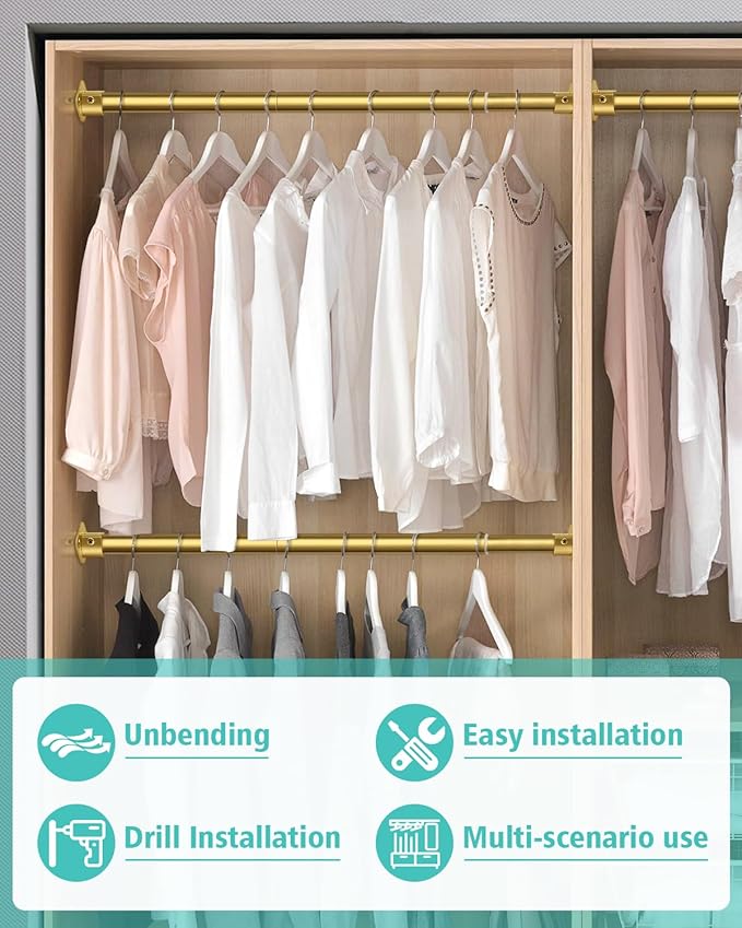 Closet Rod, 17 to 52 Inch Heavy Duty Adjustable Metal Clothing Rack for Hanging Clothes, Closet Poles for Wardrobes, Laundry, Durable Steel, Gold（Upgraded Extra Strong）