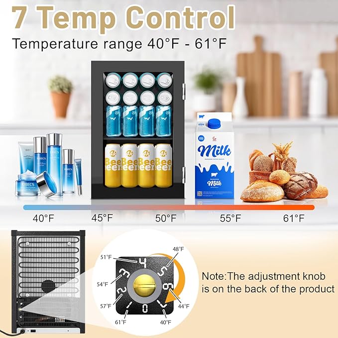 7-Temperature Control 24 Can Mini Fridge, 0.9 Cu.Ft Compact Beverage Cooler for Soda, Beer, Wine & Beauty Products, Mirrored Door Refrigerator for Bedroom, Dorm, Office