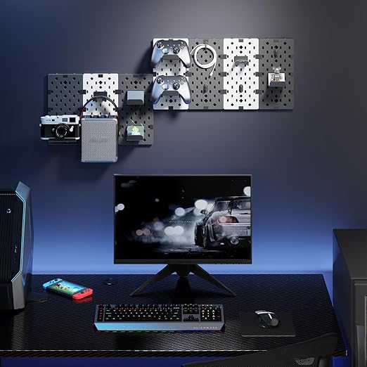 PEGZONE Controller and Headphone Holder Wall Mount, Modular Gaming Pegboard with Accessories, Controller Stand for Xbox PS5 PS4 Switch, Video Game Storage, Disc Shelf, 7pcs Pegboard, Black & White