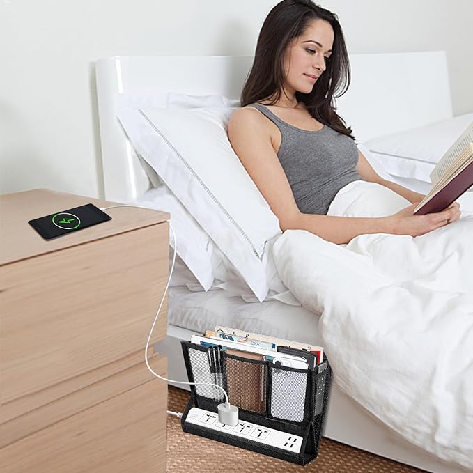 Bedside Caddy Hanging Bed Organizer Storage Bag Pocket with Power Strip Holder Multi-functional Organizer Caddy for Remotes Phone Glasses Magazines, Tablets, Accessories (7 pocket)
