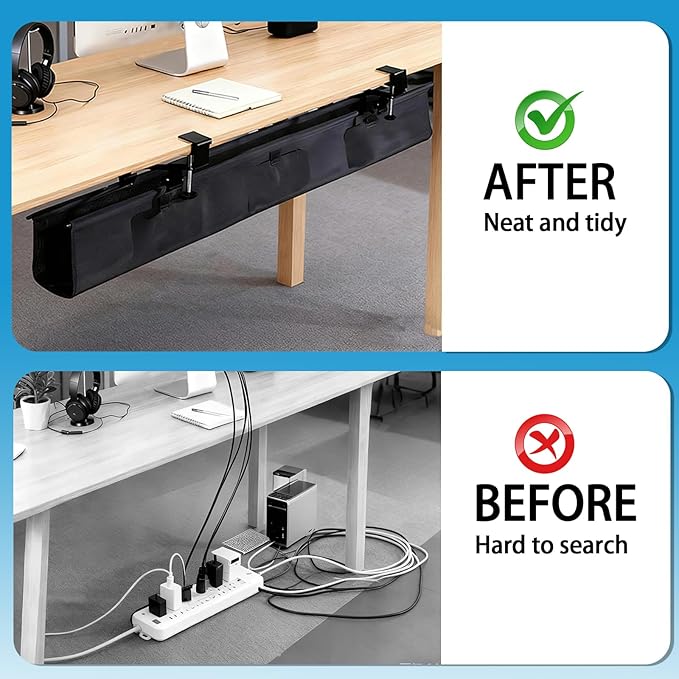 Under Desk Cable Management Tray, 36" No Drill Standing Desk Cable Organizer, Fabric Tray for Power Strips, Adapters & Cables, Black