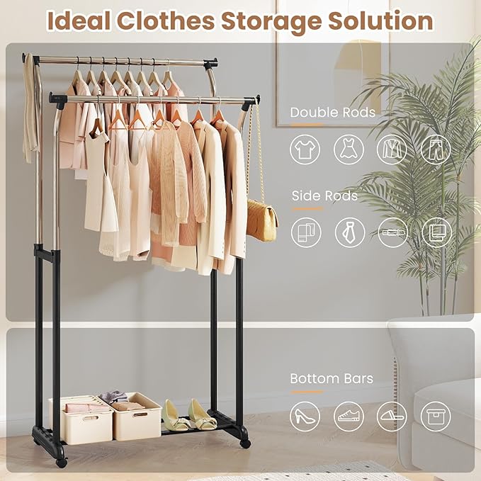 COSTWAY Double Rod Clothing Rack, Rolling Garment Rack with Shelf, Wheels, Adjustable Height Heavy Duty Metal Clothes Racks for Hanging Clothes for Dressing Room, Laundry, Living Room