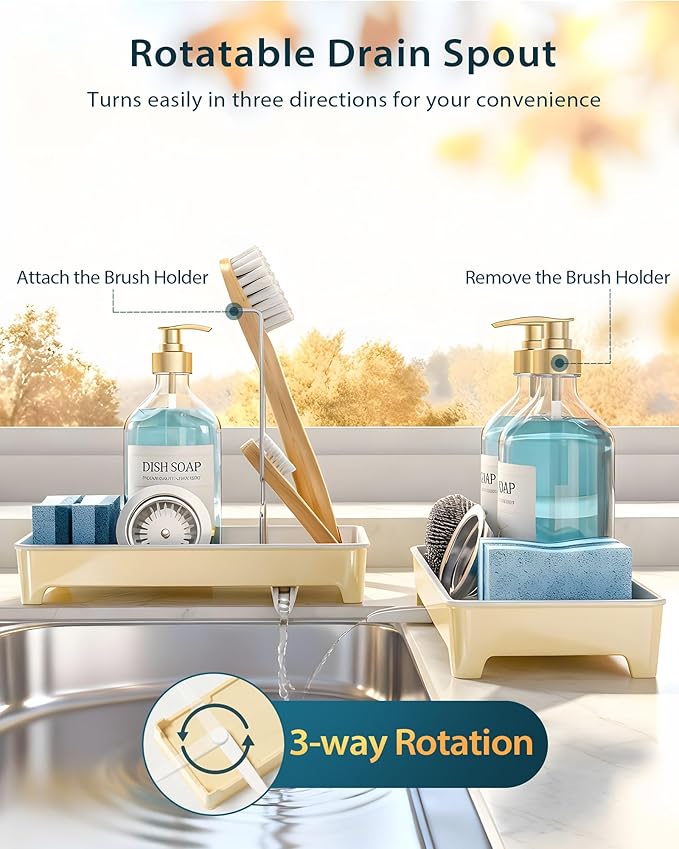 Ceramic-Look Sink Caddy, Rustproof Sponge Holder for Kitchen Sink with 304 Stainless-Steel Brush Holder, Countertop Rack Organizer with Raised Ridges & Silicone Drain Tube (Pastel Yellow)
