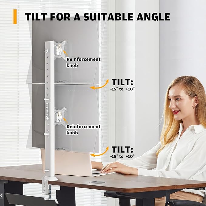 Hemudu Dual Monitor Articulating Desk Mount Arm Stand - Vertical Stack Screen Supports Two 13 to 34 Inch Computer Monitors with C Clamp White