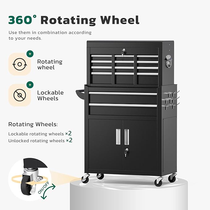 Greenvelly Metal Tool Chest,8-Drawer Rolling Tool Cart with Wheels,2 in 1 Detachable Tool Cabinets,Tool Box,Liners and Locking System for Garage,Warehouse,Workshop, Barbershop(Black)