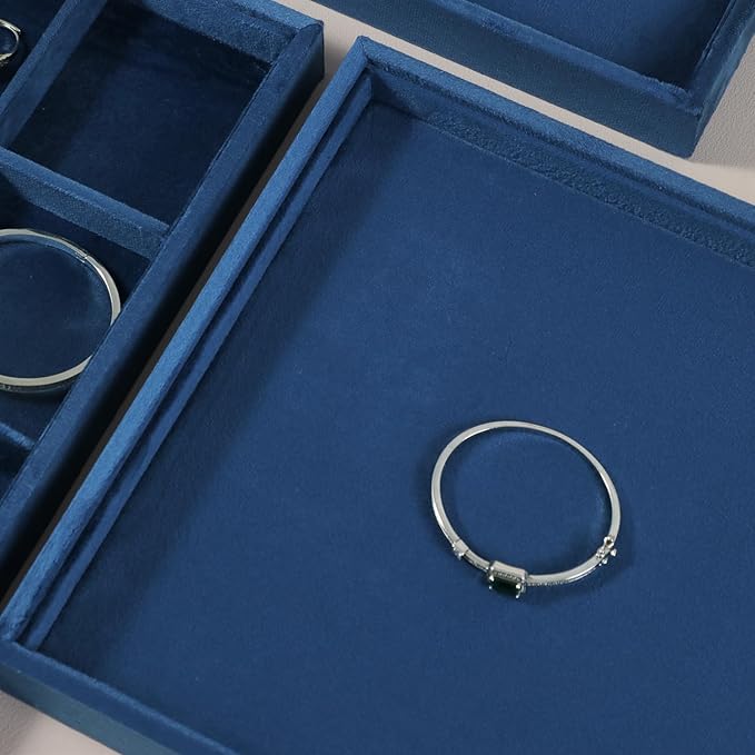 Velvet Stackable Jewelry Display Flat Tray For Ring Earring Necklace Bracelet, Bangle Pendant Storage Blank Plate, Shop Countertop Jewelry Dish Organizer (Blue)